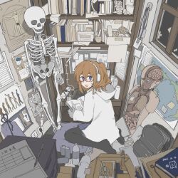  1girl anatomical_model backpack bag black_pantyhose blue_eyes book bookshelf bottle can cushion dated diagram drink_can electrical_outlet glasses highres holding holding_book hood hood_down hooded_jacket indoors jacket lanyard long_sleeves looking_at_viewer looking_back map march_of_progress medium_hair messy_room nervous nervous_smile on_floor one_side_up open_mouth orange_hair original pantyhose poster_(object) power_strip sitting skeleton small_sweatdrop smile solo studying unworn_bag vitruvian_man wariza white_jacket window world_map yuu_(tangzeyuu) 