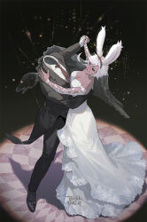  1boy 1girl animal_ears artist_name black_jacket braid breasts byuub closed_eyes dated dress final_fantasy final_fantasy_xiv grin headless highres holding_hands jacket necktie original rabbit_ears rabbit_girl red_necktie shirt short_hair smile spotlight suit tewa_(byuub) tiara veil viera waltz_(dance) white_dress white_hair white_shirt 