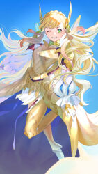  1girl absurdres armor armored_boots blonde_hair blue_cape blue_sky boots braid breastplate breasts cape commentary_request crown_braid fire_emblem fire_emblem_heroes floating_hair foot_up frilled_sleeves frills full_body gloves gold_armor gradient_hair green_eyes highres ikura_(downdexp) long_hair looking_at_viewer medium_breasts multicolored_hair official_alternate_costume one_eye_closed parted_lips pink_hair puffy_sleeves sharena_(borrowed_divinity)_(fire_emblem) sharena_(fire_emblem) sky solo thighs two-tone_hair white_gloves 