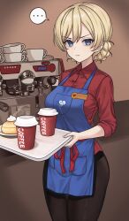  ... 1girl aadka5 absurdres alternate_costume apron bags_under_eyes barista black_pants blonde_hair blue_apron blue_eyes braid breasts closed_mouth coffee coffee_grinder coffee_maker collared_shirt counter cup darjeeling_(girls_und_panzer) disposable_coffee_cup disposable_cup employee_uniform exhausted food frown girls_und_panzer highres holding holding_tray long_sleeves looking_at_viewer name_tag pants pastry red_shirt shirt short_hair sleeves_rolled_up solo speech_bubble spoken_ellipsis tray unhappy 