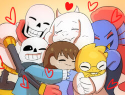 1other 2016 2boys 2d 3girls alphys ambiguous_gender anthro armor blue_jacket blue_shirt blue_skin brothers brown_hair buck_teeth cape child closed_eyes digital_media ear_fins female fins fish fish_girl floppy_ears frisk_(undertale) furry furry_female gloves goat goat_ears goat_girl goat_horns grey_hood group_hug head_fins heart height_difference high_ponytail hood hood_down hooded_jacket horns hug human humanoid jacket lizard lizard_girl long_hair lowres male mammal monster monster_boy monster_girl multiple_boys multiple_girls nnbadbear no_eyepatch one_eye_closed open_clothes open_jacket orange_background papyrus_(undertale) ponytail red_cape red_gloves red_hair reptile reptile_girl sans_(undertale) scalie sharp_teeth shirt short_hair siblings simple_background skeleton striped_clothes teeth toriel undead undertale undyne utdr_(toby_fox) white_armor white_fur white_horns white_shirt yellow_skin yellow_teeth 