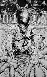  1girl absurdres apron bomb_devil_(chainsaw_man) chainsaw_man collared_shirt english_commentary fence gloves greyscale highres monochrome neck_ribbon object_head outdoors partially_submerged pool ribbon sharpski shirt sleeveless sleeveless_shirt solo water 