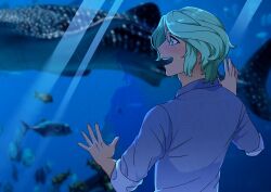  1boy 74000000star :d absurdres against_glass aquarium blue_shirt collared_shirt commentary cove_holden english_commentary from_behind green_eyes green_hair hand_on_glass highres light_rays official_style our_life our_life:_beginnings_and_always photo_background photo_inset shirt short_hair sidelocks sleeves_rolled_up smile sparkling_eyes swept_bangs upper_body 
