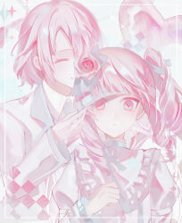 1girl 1other akiyama_mizuki akiyama_yuuki blindfold chair chinese_commentary closed_eyes collared_shirt commentary_request double-parted_bangs dress flower frilled_dress frills hair_flower hair_ornament heart highres inset_border juliet_sleeves keikyoku_no_machi_wa_doko_e_(project_sekai) long_hair long_sleeves looking_at_viewer medium_hair neck_ribbon necktie on_chair other_focus pastel_colors phlic pink_eyes pink_hair project_sekai puffy_sleeves removing_blindfold ribbon shirt siblings side_ponytail sidelocks simple_background sitting sparkle suit white_dress white_shirt white_suit