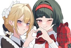  2girls alternate_costume astra_yao black_hair black_ribbon blonde_hair blush chest_bow commentary_request earrings enmaided evelyn_chevalier frills hair_between_eyes hair_intakes hairband heart heart_hands heart_hands_duo highres jewelry long_hair looking_at_viewer maid maid_headdress multiple_girls one_eye_closed parted_lips plaid_clothes plaid_shirt plaid_sleeves portrait red_hairband ribbon ring_hair_ornament ruaruayana shirt simple_background smile uneven_bangs violet_eyes white_background white_shirt yuri zenless_zone_zero 