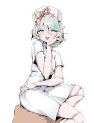  1girl absurdres alternate_costume cecilia_immergreen doll_joints dress green_eyes grey_hair hair_between_eyes hat highres hololive hololive_english joints looking_at_viewer nurse nurse_cap open_mouth simple_background sio4_4 sitting solo virtual_youtuber white_background white_dress winding_key 