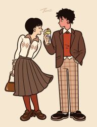  1girl 3kaku_illust bag black_eyes black_hair black_shoes blazer brown_bag brown_jacket brown_pantyhose brown_shoes brown_skirt closed_eyes collared_shirt collared_sweater commentary crepe food full_body hand_in_pocket handbag highres holding holding_bag holding_crepe holding_food jacket long_sleeves looking_at_another open_mouth orange_sweater original pants pantyhose pleated_pants pleated_skirt shirt shoes short_hair signature simple_background skirt socks sweater 