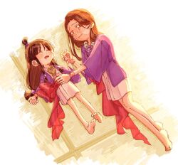  2girls ace_attorney aged_down barefoot bead_necklace beads black_hair bracelet brown_hair commentary crying drooling furrowed_brow hair_behind_ear hair_ornament hand_on_another&#039;s_stomach hanten_(clothes) holding_hands jacket jewelry long_hair low-tied_long_hair low-tied_sidelocks lying magatama magatama_necklace maya_fey mia_fey mole mole_under_mouth mouth_drool multiple_girls necklace obi on_back on_side oyoyo_pe purple_jacket red_sash ring_hair_ornament sash siblings sidelocks sisters sleeping sphere_hair_ornament tatami tears topknot wide_sleeves 