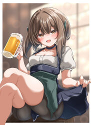  1girl alcohol alternate_costume apron beer beer_mug bike_shorts bike_shorts_under_skirt blue_dress bodice brown_eyes brown_hair cup dirndl dress german_clothes grey_apron headgear highres kantai_collection kasashi_(kasasi008) mug shirt short_hair short_hair_with_long_locks smile solo taihou_(kancolle) underbust waist_apron white_shirt 