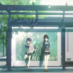  2girls bag bandaid bandaid_on_knee bandaid_on_leg black_eyes black_hair black_skirt blazer blonde_hair bow bowtie brown_eyes bus_stop cardigan diagonal-striped_bow diagonal-striped_bowtie diagonal-striped_clothes diagonal-striped_necktie fukumaru_koito full_body grey_jacket gyaru hair_ornament hair_scrunchie hairclip highres idolmaster idolmaster_shiny_colors jacket kazano_hiori loafers long_hair miniskirt multicolored_hair multiple_girls necktie official_alternate_costume one_side_up pleated_skirt ponytail qinglai_haiji reading school_bag school_uniform scrunchie shoes skirt striped_bow striped_bowtie striped_clothes two-tone_hair 