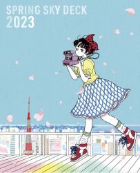  1girl 2023 black_eyes black_hair blue_sky blush bow camera cherry_blossoms colored_skin commentary emamemamo33 english_text falling_petals fingernails frilled_sleeves frills from_side full_body hair_bow holding holding_camera iridescent_hair looking_at_viewer nail_polish original petals polaroid_camera polka_dot polka_dot_bow red_bow red_shoes shirt shoes short_hair skirt sky sneakers socks solo striped_clothes striped_socks tokyo_(city) tokyo_tower white_shoes white_skin yellow_shirt 