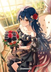  1girl bare_shoulders beads black_dress black_flower black_ribbon black_rose blue_hair bouquet breasts closed_mouth collarbone colored_tips copyright_notice curtains daisy_(flower) dress feet_out_of_frame floral_print flower flower_ornament flower_trim frilled_dress frilled_sleeves frills from_above glass_table gown gradient_clothes gradient_dress hair_beads hair_between_eyes hair_flower hair_ornament half_updo hedge holding holding_bouquet indoors layered_dress light_blush long_hair looking_at_viewer medium_breasts michi_(iawei) multicolored_hair muntins nijisanji off-shoulder_dress off_shoulder official_art outside_border papasan_chair puffy_short_sleeves puffy_sleeves red_dress red_flower red_hair red_rose ribbon rose sample_watermark see-through_curtains see-through_dress_layer short_sleeves side_slit sidelocks_tied_back sideways_glance sitting solo sunlight table thigh_strap tile_floor tiles very_long_hair virtual_youtuber watermark white_flower white_rose window yamagami_karuta yellow_eyes 