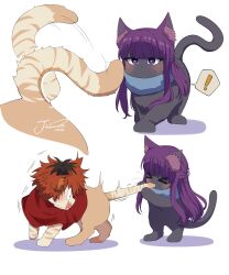  ! absurdres animal animalization biting biting_another&#039;s_tail black_hair cat clothed_animal commentary fern_(sousou_no_frieren) highres j_humbo long_hair looking_at_another multicolored_hair purple_hair red_hair short_hair sousou_no_frieren speech_bubble spoken_exclamation_mark stark_(sousou_no_frieren) symbol-only_commentary tail two-tone_hair violet_eyes white_background 