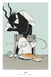  1boy 1girl black_fur black_vest blue_background body_fur chair child dress eating food furry furry_male hand_on_own_hip horns looking_at_another medium_hair nagabe pancake plate sensei_(totsukuni_no_shoujo) shiva_(totsukuni_no_shoujo) simple_background table tail totsukuni_no_shoujo vest white_eyes white_hair 