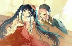  2girls absurdres blue_coat blue_eyes blue_hair boots bow choker coat corset dlanor_a._knox drill_hair expressionless floating_hair flower frilled_headwear frilled_shirt frilled_sleeves frills full_body furudo_erika hat hat_flower hat_ribbon highres lace lace_choker long_sidelocks looking_at_object looking_at_viewer lying multiple_girls pink_bow pink_corset pink_ribbon pink_skirt puffy_sleeves purple_hair ribbon shirt sidelighting sidelocks sitting skirt tahenbane three-quarter_sleeves twin_drills twintails umineko_no_naku_koro_ni white_boots white_choker white_shirt wide_sleeves yellow_eyes 