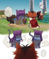  :t absurdres anger_vein animal animalization blank_speech_bubble blunt_bangs book cat clone clothed_animal commentary fern_(sousou_no_frieren) flying_sweatdrops frieren grey_hair highres holding holding_shovel j_humbo long_hair mimic mimic_chest multicolored_hair no_humans outdoors pillar purple_hair red_hair scarf shovel sousou_no_frieren speech_bubble stark_(sousou_no_frieren) symbol-only_commentary thought_bubble treasure_chest two-tone_hair violet_eyes 