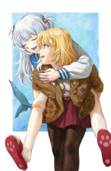  2girls arm_around_shoulder bandaid bandaid_on_knee bandaid_on_leg belt blonde_hair bloop_(gawr_gura) blue_background blue_eyes blue_hair blue_nails blue_streaks blunt_bangs blush border brown_belt brown_jacket carrying carrying_person character_pin closed_eyes death-sensei_(mori_calliope) diamond_hair_ornament english_commentary fins fish_tail gawr_gura hair_ornament highres hololive hololive_english jacket kotori_(takanashi_kiara) long_hair long_sleeves looking_at_another multicolored_hair multiple_girls nail_polish open_mouth outside_border pantyhose paw_print_soles piggyback pocket pocket_watch red_skirt sandals shark_girl shark_tail sharp_teeth shirt short_hair skirt slides smile streaked_hair sweater tail takodachi_(ninomae_ina&#039;nis) teeth two_side_up virtual_youtuber watch watson_amelia white_border white_hair wolfgangleblanc 