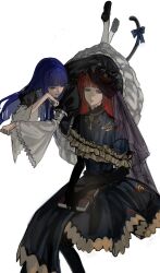  2girls absurdres beads black_bow black_gloves black_pantyhose blue_dress blue_eyes blue_hair book book_on_lap bow capelet cat_tail dress elbow_gloves feet_out_of_frame frederica_bernkastel frilled_capelet frilled_dress frilled_shirt_collar frills frown gloves hair_beads hair_ornament half-closed_eyes high_collar highres key long_hair looking_at_another looking_at_viewer multiple_girls nnightcruising pantyhose puffy_sleeves red_hair short_twintails sitting smile tail tail_bow tail_ornament twintails umineko_no_naku_koro_ni ushiromiya_ange violet_eyes white_pantyhose wide_sleeves 