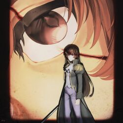  2girls absurdres aijou_karen arms_at_sides artist_name ascot black_coat black_hair blue_eyes brown_eyes brown_hair clenched_hand closed_mouth coat commentary crossed_bangs english_commentary epaulettes feet_out_of_frame hair_ornament hairclip high_collar highres holding holding_sword holding_weapon juliet_sleeves kagura_hikari ling_(chaaaaanhikari) long_coat long_hair long_sleeves looking_at_viewer multiple_girls official_alternate_costume open_clothes open_coat pants projected_inset projector_screen puffy_sleeves purple_pants scar scar_across_eye scar_on_face shadow shirt shoujo_kageki_revue_starlight sparkle_hair_ornament standing sword v-shaped_eyebrows very_long_hair weapon white_ascot white_shirt 