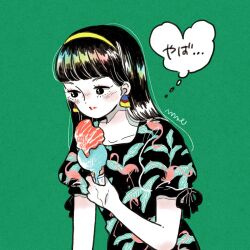  1girl black_eyes black_hair blush collarbone colored_skin commentary dripping earrings emamemamo33 floral_print food food_bite green_background headband heart-shaped_thought_bubble highres holding holding_ice_cream_cone ice_cream_cone iridescent_hair jewelry long_hair looking_at_food original red_eyes signature simple_background solo speech_bubble swept_bangs thought_bubble white_skin 