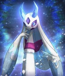 aura blue_eyes blue_horns froslass glowing glowing_eyes hands_up highres horns ice_horns leoiruga looking_at_viewer mega_froslass mega_pokemon no_humans obi pokemon pokemon_(creature) pokemon_focus pokemon_legends:_z-a red_sash sash snow solo upper_body