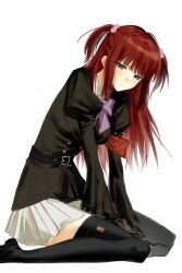  1girl beads belt between_legs black_belt black_jacket black_shoes black_thighhighs blunt_bangs bow bowtie doedk_1 feet_out_of_frame frilled_sleeves frills furrowed_brow grey_eyes hair_beads hair_ornament hand_between_legs highres jacket kneeling long_hair looking_at_viewer pleated_skirt puffy_sleeves purple_bow purple_bowtie red_hair shoes short_twintails skirt solo thigh-highs twintails umineko_no_naku_koro_ni ushiromiya_ange white_skirt wide_sleeves 