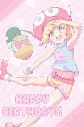  1girl 1other absurdres amitie_(puyopuyo) armband armpits belt blonde_hair blue_shirt boots bowl character_hat donguri_gaeru english_text frog green_eyes happy_birthday hat heart heart_in_mouth highres jazz_grace leaf_umbrella navel pink_background pink_shorts puyo_(puyopuyo) puyopuyo puyopuyo_fever red_belt red_boots red_hat shirt short_hair shorts two-tone_shorts winged_hat yellow_shorts 