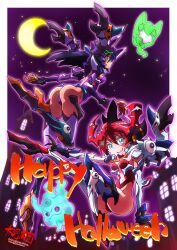  2girls amate_yuzuriha aqua_eyes ass black_hair breasts closed_mouth commentary_request english_text gfred gquuuuuux green_eyes gundam gundam_gquuuuuux halloween happy_halloween hat highres long_hair looking_at_viewer mecha mecha_musume mobile_suit multiple_girls nyaan_(gundam_gquuuuuux) red_hair robot science_fiction short_hair smile taiga_hiroyuki thrusters v-fin yellow_eyes 