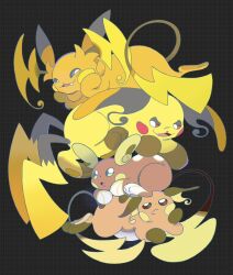  alolan_raichu black_background blue_eyes brown_eyes closed_mouth fang fangs feyzi mega_pokemon mega_raichu_x mega_raichu_y multiple_tails no_humans open_mouth orange_fur pokemon pokemon_(creature) pokemon_focus raichu regional_and_normal smile stack tail very_long_ears very_long_tail yellow_fur 