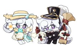  1girl absurdly_long_hair black_capelet black_hairband black_hat black_pantyhose black_skirt blue_ribbon blue_tongue blush_stickers capelet chibi chibi_only closed_mouth colored_skin colored_tongue conch cookie_run cookie_run:_kingdom flower flower_necklace full_body fur-trimmed_capelet fur_trim hair_between_eyes hair_flower hair_ornament hair_ribbon hair_rings hairband hat hat_ribbon highres holding_seashell instrument jacket lei long_hair looking_at_viewer low_twintails milkalong milky_way_cookie milky_way_cookie_(conductor&#039;s_summer_getaway) milky_way_cookie_(milky_way_resonance) neck_ribbon official_alternate_costume official_alternate_hair_length official_alternate_hairstyle one-piece_swimsuit open_clothes open_jacket open_mouth orange_one-piece_swimsuit pantyhose pleated_skirt pom_pom_(clothes) red_ribbon ribbon seashell shako_cap shell shirt simple_background skirt sleeves_past_fingers sleeves_past_wrists smile star_(symbol) straw_hat sun_hat swimsuit twintails very_long_hair violet_eyes white_background white_hair white_skin yellow_jacket yellow_shirt 