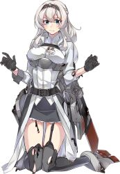  1girl belt black_belt black_gloves black_skirt blue_eyes breasts burnt_clothes flower full_body garter_straps glorious_(kancolle) gloves grey_hair grey_thighhighs jacket kantai_collection kneeling konishi_(koconatu) looking_at_viewer machinery medium_breasts military_uniform official_art one_side_up parted_lips skirt smile smokestack solo thigh-highs third-party_source tiara transparent_background weapon white_jacket 