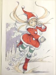  1girl blonde_hair blue_eyes boots christmas clouds commentary drawstring dress full_body fur-trimmed_boots fur-trimmed_dress fur_trim gloves green_thighhighs hand_up hat highres holding holding_sack hood hood_down hooded_dress ice_skates ice_skating leg_up long_hair open_mouth original peter_salt pine_tree pom_pom_(clothes) red_boots red_dress sack santa_costume santa_hat skates skating smile solo standing standing_on_one_leg striped_clothes striped_thighhighs thigh-highs traditional_media tree twintails white_gloves 