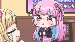  2girls blazer blonde_hair blue_hair blurry blurry_background blush blush_stickers bow braid closed_eyes collared_shirt crossover crying depth_of_field flat_screen_tv hair_ornament holding holding_microphone hololive hoshikawa_sara indoors jacket karaoke long_hair microphone minato_aqua mochimiko multicolored_hair multiple_crossover multiple_girls nijisanji nose_blush open_clothes open_jacket open_mouth parted_lips pink_bow pink_hair pink_skirt plaid_bow plaid_clothes plaid_skirt pleated_skirt purple_jacket school_uniform shirt side_ponytail skirt streaming_tears tears television two-tone_hair very_long_hair virtual_youtuber wavy_mouth white_shirt x_hair_ornament 