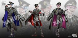  3boys aiguillette armband baton_(weapon) belt belt_buckle ben-day_dots black_background black_belt black_boots black_cape black_coat black_gloves black_jacket black_pants black_shirt blue_coat blue_eyes blue_hair blunt_bangs boots buckle buttons cane cape checkered_clothes coat coat_on_shoulders collared_shirt colored_shoe_soles copyright_notice crazy_eyes crazy_smile cross crossed_bangs double-breasted evil_grin evil_smile fangs full_body fur-trimmed_cape fur_trim gem gloves gradient_background grin hair_between_eyes half-closed_eyes half_gloves hand_on_headwear hat high_heel_boots high_heels highres holding holding_baton_(weapon) holding_cane holding_key if_(ireisu) ireisu jacket key keyring knee_boots kura1582 lapel_pin lapels lineup liura_(ireisu) long_sleeves looking_at_viewer male_focus medal military_hat military_uniform multiple_belts multiple_boys naiko_(ireisu) necktie notched_lapels official_art open_hand pants pants_tucked_in peaked_cap pink_coat pink_eyes pink_hair platform_boots pouch red_armband red_cape red_eyes red_hair sam_browne_belt sample_watermark sanpaku screentones shirt short_hair side_cape sleeve_cuffs smile standing teeth thigh_pouch two-sided_cape two-sided_coat two-sided_fabric utaite wallet_chain watermark weapon white_background white_necktie zoom_layer 