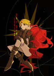  05_soleil 1girl absurdres black_shirt blonde_hair boots don_quixote_(project_moon) elbow_on_knee epaulettes expressionless feather_boa full_body hand_on_own_chin head_rest highres knees_up limbus_company pantyhose project_moon puppet_strings red_eyes sancho_(project_moon) shirt short_hair single_epaulette solo translation_request white_pantyhose 