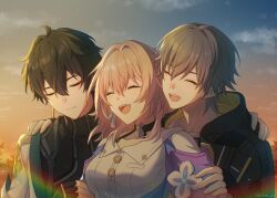  1girl 2boys artist_name black_choker black_coat black_gloves black_hair black_shirt blue_jacket blue_sky breasts buttons caelus_(honkai:_star_rail) chinese_clothes choker closed_eyes closed_mouth clouds cloudy_sky coat collarbone collared_shirt dan_heng_(honkai:_star_rail) dan_heng_(hunt)_(honkai:_star_rail) earclip earrings evening eyeliner fingerless_gloves fingernails flower flower_ornament gloves grabbing_another&#039;s_arm gradient_sky grey_hair hair_between_eyes hand_on_another&#039;s_back hand_on_another&#039;s_shoulder happy highres honkai:_star_rail honkai_(series) hood hooded_coat jacket jewelry lapels makeup march_7th_(honkai:_star_rail) march_7th_(preservation)_(honkai:_star_rail) medium_breasts multiple_boys open_clothes open_coat open_jacket open_mouth outdoors pink_hair rainbow red_eyeliner rune_(rne_at) shirt short_hair sidelocks single_earring sky smile tearing_up teeth tongue trailblazer_(honkai:_star_rail) two-sided_coat two-sided_fabric upper_body white_flower white_shirt yellow_coat yellow_sky zipper 