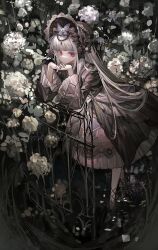  1girl absurdres against_fence black_bonnet black_bow black_dress bonnet bow bug butterfly commission dress expressionless eye_brooch fence flower frilled_bonnet frilled_sleeves frills grey_hair hashtag-only_commentary highres huang_du_du juliet_sleeves lolita_fashion long_hair long_sleeves looking_at_viewer original own_hands_together puffy_sleeves red_eyes skirt solo straight_hair very_long_hair white_flower white_skirt 