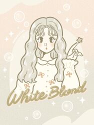  1girl 3kaku_illust :o ad black_eyes blonde_hair blouse blush bow brown_nails bubble collared_shirt commentary english_text fingernails highres long_hair long_sleeves looking_at_viewer nail_polish original promotional_art red_bow shirt simple_background solo sparkle star_(symbol) white_shirt 