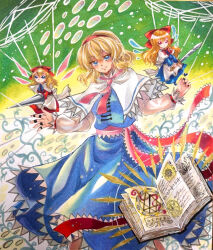  1girl alice_margatroid blonde_hair blue_dress blue_eyes blush book bow breasts capelet closed_mouth commentary_request doll dress grimoire_of_alice hair_bow hairband holding holding_polearm holding_sword holding_weapon hourai_doll jewelry lance long_hair looking_at_viewer mitsu~ open_book pink_sash polearm puppet_rings puppet_strings red_bow red_hairband ring sash shanghai_doll smile solo sword touhou traditional_media waist_sash weapon white_capelet 