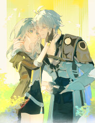  1boy 1girl annann_nna antenna_hair armor black_gloves black_jacket black_pants black_skirt blue_eyes coat commentary cowboy_shot eye_contact fingerless_gloves gloves grey_hair hair_between_eyes hand_in_another&#039;s_hair hand_on_another&#039;s_cheek hand_on_another&#039;s_face hand_up hetero highres honkai:_star_rail honkai_(series) imminent_hand_holding jacket leaf light_blush long_hair long_sleeves looking_at_another off-shoulder_shirt off_shoulder one_eye_closed pants parted_lips phainon_(honkai:_star_rail) shirt short_hair shoulder_armor side-by-side skirt smile standing stelle_(honkai:_star_rail) thigh_strap three-quarter_sleeves trailblazer_(honkai:_star_rail) vambraces white_coat white_hair white_shirt yellow_eyes 