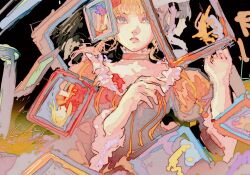  1girl abstract ashashio beatrice_(umineko) blonde_hair blue_eyes choker colorful dress empty_picture_frame grey_choker grey_dress highres looking_at_viewer parted_lips picture_frame solo umineko_no_naku_koro_ni upper_body 