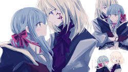  &gt;_&lt; 2girls 55ddee ascot aver_(yumenokessho) bang_dream! bang_dream!_it&#039;s_mygo!!!!! blonde_hair blush bow bowtie closed_mouth doloris_(bang_dream!) earrings facial_mark jewelry medium_hair misumi_uika multiple_girls pink_bow pink_bowtie purple_ascot shirt simple_background smile sweets_paradise togawa_sakiko translation_request violet_eyes white_background white_shirt yellow_eyes yumenokessho yuri 