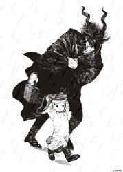  1boy 1girl black_fur body_fur boots coat dress full_body furry furry_male horns improvised_umbrella nagabe rain sensei_(totsukuni_no_shoujo) shiva_(totsukuni_no_shoujo) simple_background totsukuni_no_shoujo walking white_background wind 