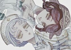  2girls braid brown_hair choker cross dress emily_dyer emily_dyer_(holy_angel) emma_woods emma_woods_(as_the_wind_blows) facial_mark fishnet_gloves fishnets frills gloves halo hat hnnstkn001 identity_v interlocked_fingers lace lace-trimmed_choker lace_gloves lace_trim looking_at_viewer low_twin_braids makeup mark_under_both_eyes multiple_girls nurse_cap parted_lips portrait protected_link shirt short_hair sideways simple_background straw_hat twin_braids upper_body white_background white_choker white_dress white_gloves white_hair white_shirt yellow_eyes 