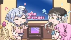  1boy 3girls :o ahoge beamed_eighth_notes black_thighhighs blonde_hair blue_eyes blue_hair blue_skirt bow braid brown_sweater cardigan chibi collared_shirt crossover eighth_note flat_screen_tv grey_hair hair_ribbon holding holding_microphone hololive hoshikawa_sara indoors inuyama_tamaki kagura_gumi kagura_mea karaoke microphone minato_aqua mochimiko multicolored_hair multiple_crossover multiple_girls musical_note nijisanji noripro parted_lips pink_cardigan pink_hair pleated_skirt purple_sailor_collar purple_skirt ribbon sailor_collar school_uniform serafuku shirt side_ponytail skirt socks standing streaked_hair striped_bow sweater television thigh-highs trap twintails violet_eyes virtual_youtuber white_shirt white_socks 