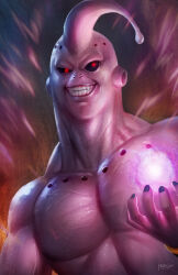  1boy alien antennae artist_name aura black_sclera colored_sclera colored_skin dragon_ball dragon_ball_z energy energy_ball fang grin highres hole majin_buu male_focus monster_boy nopeys photoshop_(medium) pink_skin red_eyes smile solo super_buu upper_body veiny_pectorals 