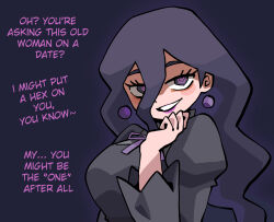  1girl @_@ black_dress black_hair breasts curled_fingers dress earrings english_text grin hair_between_eyes half-closed_eyes hand_to_own_mouth hand_up hex_maniac_(pokemon) hex_maniac_(pokemon_legends:_z-a) highres jewelry juliet_sleeves large_breasts lipstick long_hair long_sleeves looking_at_viewer makeup neck_ribbon notus_49 parted_lips pokemon pokemon_legends:_z-a puffy_sleeves purple_lips purple_ribbon ribbon seductive_smile smile solo sphere_earrings teasing upper_body violet_eyes 