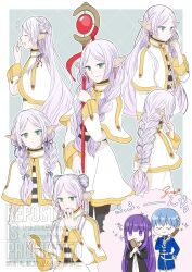  1boy 2girls alternate_hairstyle aruna black_pantyhose black_robe blue_hair blue_jacket blunt_bangs braid capelet comb earrings elf fern_(sousou_no_frieren) food frieren gold_trim green_eyes grey_background hair_over_shoulder half_updo hand_in_own_hair hand_on_own_hip hand_to_own_mouth highres hime_cut himmel_(sousou_no_frieren) holding holding_brush holding_comb holding_food holding_staff jacket jewelry light_smile long_hair multiple_girls panties pantyhose parted_bangs pointy_ears purple_hair robe satisfied shirt short_hair side_braid signature single_braid skirt smile sousou_no_frieren sparkle staff striped_clothes striped_shirt twin_braids underwear upper_body violet_eyes white_capelet white_jacket white_panties white_skirt yawning 