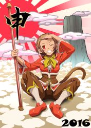  1girl 2016 absurdres ascot blush breasts brown_hair brown_pants chinese_clothes chinese_zodiac circlet collared_shirt commentary_request dated grin haramaki highres holding holding_staff holding_weapon looking_at_viewer marvel_vs._capcom marvel_vs._capcom_2 medium_breasts monkey_girl monkey_tail moto7927 mountain nengajou new_year one_eye_closed pants red_eyes red_shirt red_shoes rising_sun_flag sarashi shirt shoes sidelocks sitting smile socks solo sonson staff sun sunburst tail teeth translated weapon white_socks wide_sleeves xiangyun year_of_the_monkey yellow_ascot 