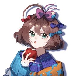  1girl :o ahoge apple bitten_apple blue_bow blue_dress blue_eyes blue_scarf bow brown_hair chilizi collared_dress dress flutterpage food food_bite fruit hair_bow hand_up highres holding holding_food holding_fruit looking_at_viewer multiple_hair_bows orange_scarf reverse:1999 scarf shadow short_hair solo two-tone_scarf upper_body white_background 